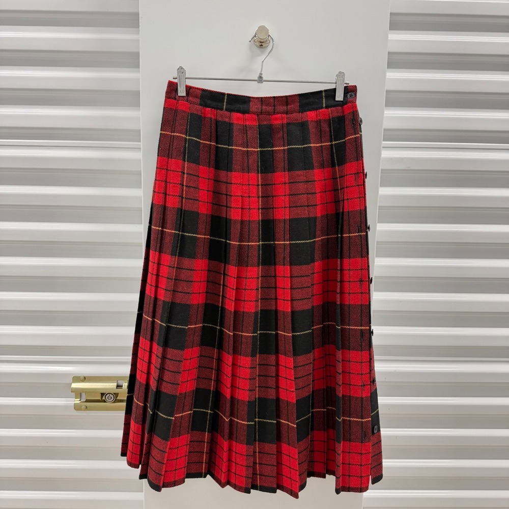 Claude Vintage 90s Red Black Plaid Pleated Midi Skirt Button Side Size 11/12